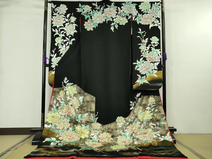 平和屋本店●極上　お引きずり・お引き摺り・引き振袖　和装　結婚式　舞妓　芸妓　芸者　衣装　牡丹　黒地　金銀彩　逸品　DZAB9221kh6　
