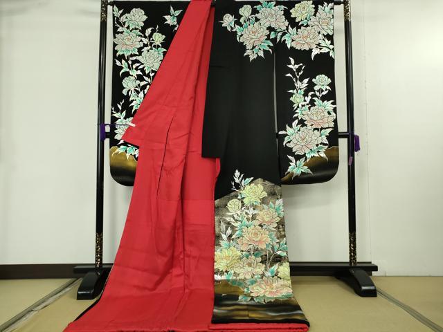 平和屋本店●極上　お引きずり・お引き摺り・引き振袖　和装　結婚式　舞妓　芸妓　芸者　衣装　牡丹　黒地　金銀彩　逸品　DZAB9221kh6　