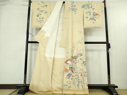 平和屋本店●極上　本加賀友禅作家　藤村建雄　訪問着　舞扇　枝花文　蒸栗色地　暈し染め　三越扱い　逸品　DZAB9224kh6