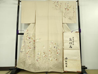平和屋本店●極上　松坂屋染織名作展　訪問着　駒刺繍　立波花文　浅黄色地　金彩　たとう紙付き　逸品　DZAB9227kh6