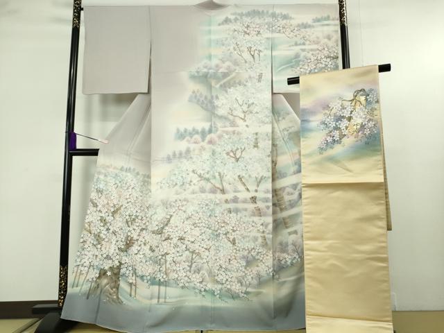 平和屋本店●極上　日本画家　濡れ描き友禅作家　高橋峰陵　訪問着・袋帯セット　枝桜　暈し染め　さが美扱い　逸品　未使用　DZAB9228kh6