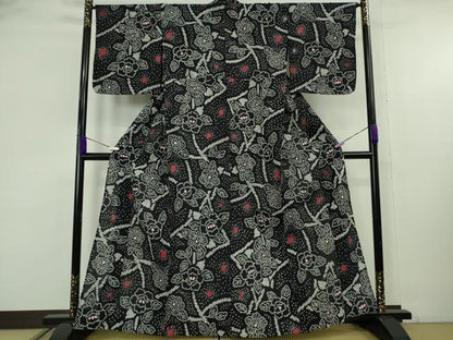 平和屋着物∴極上　夏物　浴衣　有松鳴海絞り　草花文　黒地　綿　逸品　DZAB9232kh6