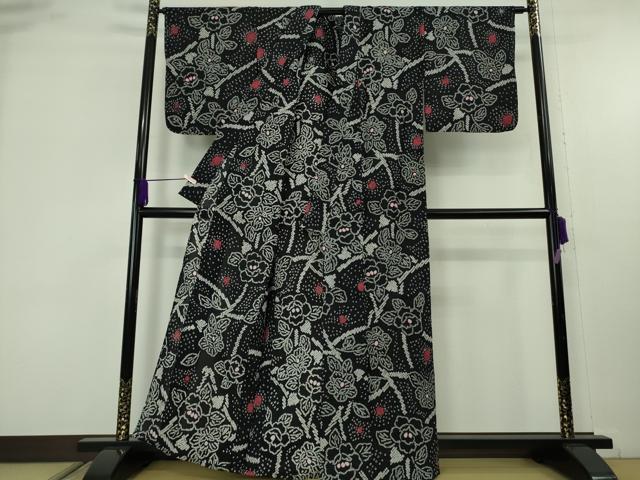 平和屋着物∴極上　夏物　浴衣　有松鳴海絞り　草花文　黒地　綿　逸品　DZAB9232kh6