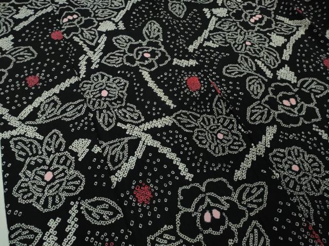 平和屋着物∴極上　夏物　浴衣　有松鳴海絞り　草花文　黒地　綿　逸品　DZAB9232kh6