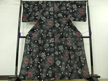 平和屋着物∴極上　夏物　浴衣　有松鳴海絞り　舞花文　黒地　綿　逸品　DZAB9233kh6