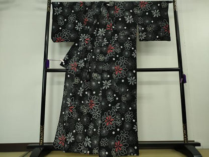 平和屋着物∴極上　夏物　浴衣　有松鳴海絞り　舞花文　黒地　綿　逸品　DZAB9233kh6