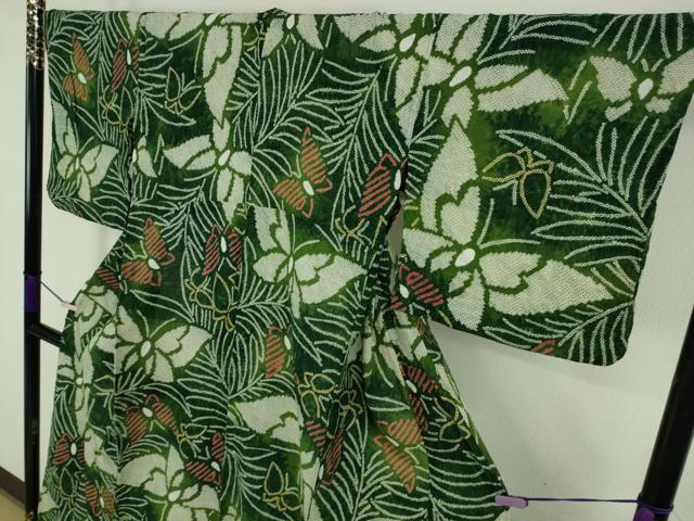 平和屋着物∴極上　夏物　浴衣　有松鳴海絞り　舞蝶草葉文　綿　逸品　DZAB9234kh6