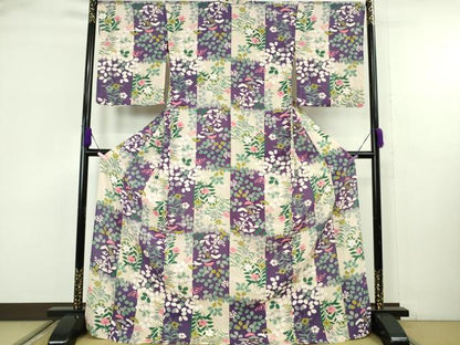 平和屋本店＊極上　夏物　小紋　絽縮緬　市松秋草文　ロング丈　逸品　DZAB9237kh6