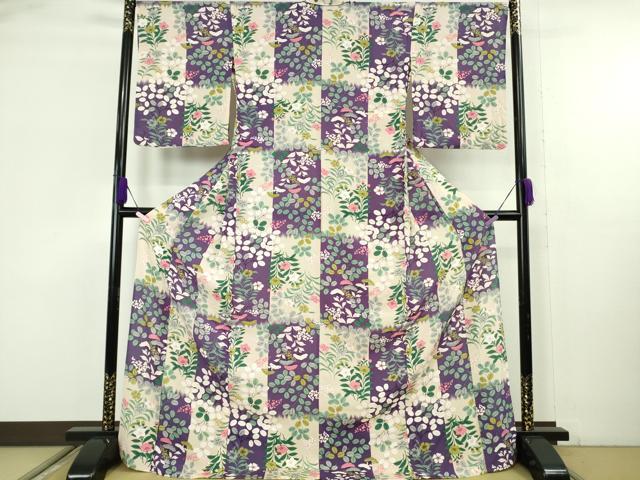 平和屋本店＊極上　夏物　小紋　絽縮緬　市松秋草文　ロング丈　逸品　DZAB9237kh6