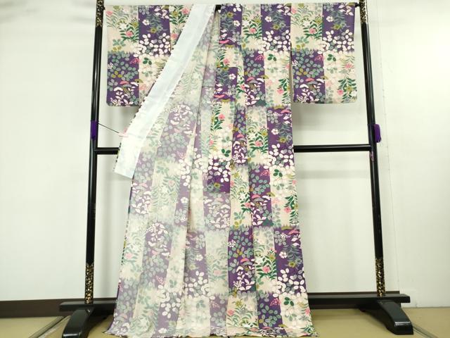 平和屋本店＊極上　夏物　小紋　絽縮緬　市松秋草文　ロング丈　逸品　DZAB9237kh6