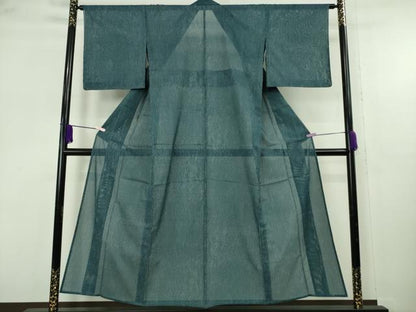 平和屋着物＊極上　夏物　洗える最高級着物　＜英＞はなぶさ謹製　小紋　絽　よろけ縞　濃い藍色地　反端付き　逸品　未使用　DZAB9238kh6