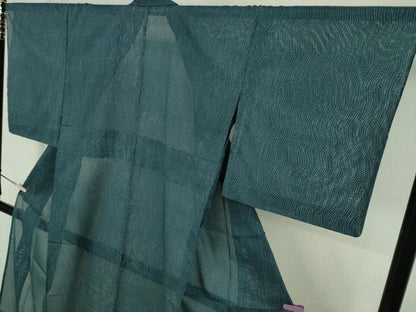 平和屋着物＊極上　夏物　洗える最高級着物　＜英＞はなぶさ謹製　小紋　絽　よろけ縞　濃い藍色地　反端付き　逸品　未使用　DZAB9238kh6