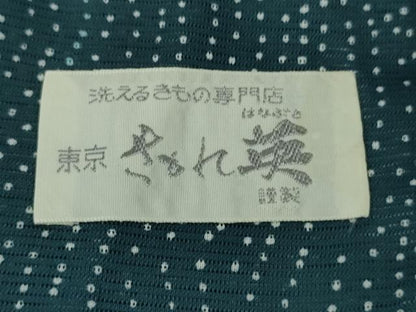 平和屋着物＊極上　夏物　洗える最高級着物　＜英＞はなぶさ謹製　小紋　絽　よろけ縞　濃い藍色地　反端付き　逸品　未使用　DZAB9238kh6