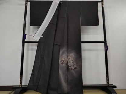 平和屋本店＊極上　夏物　摺り友禅の第1人者　伝統工芸士　長居賢珠　訪問着　紋紗　手描き　龍　黒紅色地　逸品　未使用　DZAB9239kh6