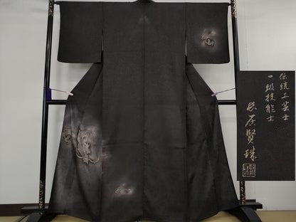 平和屋本店＊極上　夏物　摺り友禅の第1人者　伝統工芸士　長居賢珠　訪問着　紋紗　手描き　龍　黒紅色地　逸品　未使用　DZAB9239kh6