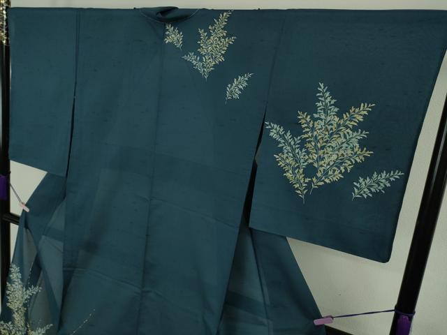 平和屋本店＊極上　夏物 石川県指定無形文化財 夏牛首紬 白山工房 手織り 訪問着 枝葉文 高麗納戸色地 さが美扱い 逸品 未使用 DZAB9240kh6
