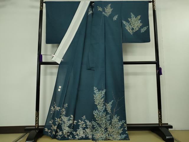 平和屋本店＊極上　夏物 石川県指定無形文化財 夏牛首紬 白山工房 手織り 訪問着 枝葉文 高麗納戸色地 さが美扱い 逸品 未使用 DZAB9240kh6