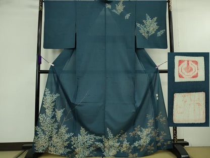 平和屋本店＊極上　夏物 石川県指定無形文化財 夏牛首紬 白山工房 手織り 訪問着 枝葉文 高麗納戸色地 さが美扱い 逸品 未使用 DZAB9240kh6