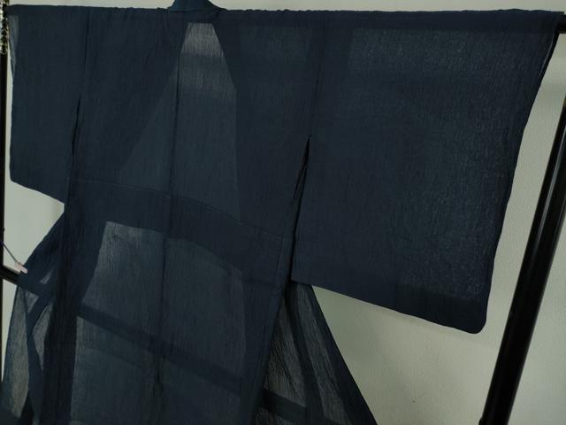 平和屋着物＊極上　夏物　本場小千谷ちぢみ　麻　色無地　濃藍色　杉山織物　証紙付き　逸品　DZAB9242kh6