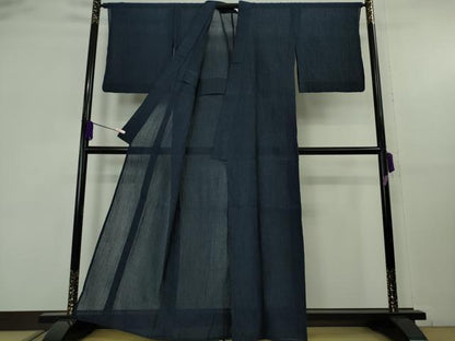 平和屋着物＊極上　夏物　本場小千谷ちぢみ　麻　色無地　濃藍色　杉山織物　証紙付き　逸品　DZAB9242kh6