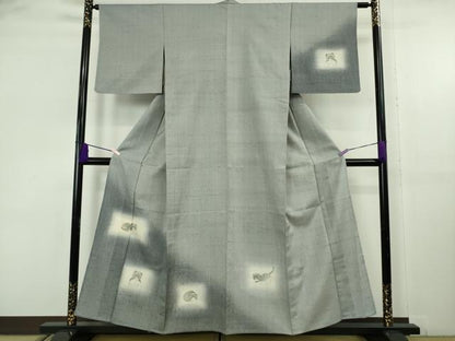 平和屋着物▽極上　訪問着　単衣　生紬　杢目絞り　手描き　猫　ネコ　逸品　DZAB9248kh6