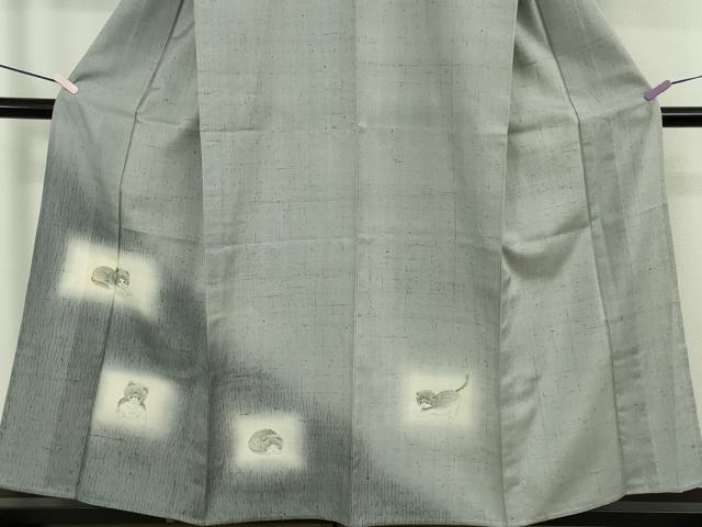 平和屋着物▽極上　訪問着　単衣　生紬　杢目絞り　手描き　猫　ネコ　逸品　DZAB9248kh6