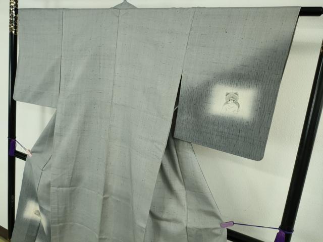 平和屋着物▽極上　訪問着　単衣　生紬　杢目絞り　手描き　猫　ネコ　逸品　DZAB9248kh6