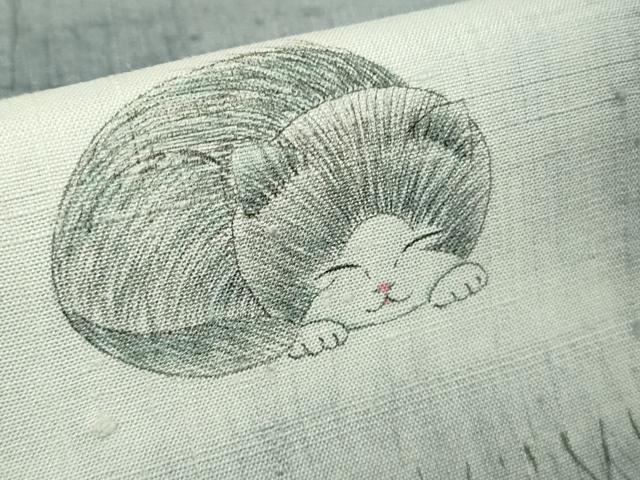 平和屋着物▽極上　訪問着　単衣　生紬　杢目絞り　手描き　猫　ネコ　逸品　DZAB9248kh6