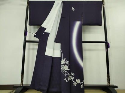 平和屋本店●極上　訪問着　総刺繍　葡萄蔦の葉文　深紫色地　暈し染め　銀糸　逸品　DZAB9250kh6