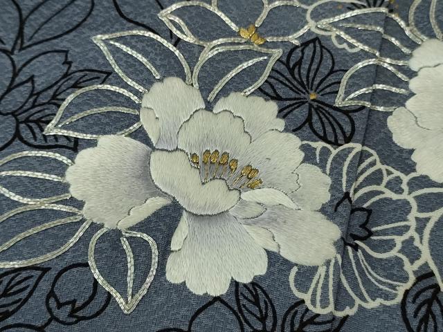 平和屋本店●極上　訪問着　銀駒刺繍　牡丹　黒地　金銀糸　逸品　DZAB9251kh6
