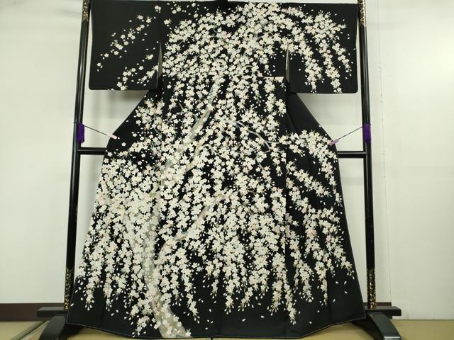 平和屋本店●極上　訪問着　友禅　夜桜　枝垂れ桜　黒地　逸品　未使用　DZAB9255kh6