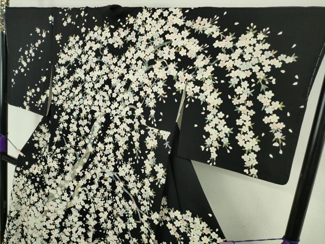 平和屋本店●極上　訪問着　友禅　夜桜　枝垂れ桜　黒地　逸品　未使用　DZAB9255kh6