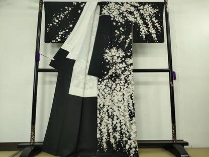 平和屋本店●極上　訪問着　友禅　夜桜　枝垂れ桜　黒地　逸品　未使用　DZAB9255kh6