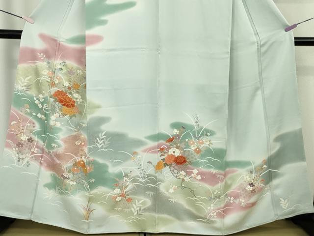 平和屋本店●極上　創業460年・千總　訪問着　駒刺繍　花篭　藍白色地　暈し染め　金彩　三越扱い　逸品　DZAB9257kh6