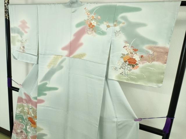 平和屋本店●極上　創業460年・千總　訪問着　駒刺繍　花篭　藍白色地　暈し染め　金彩　三越扱い　逸品　DZAB9257kh6
