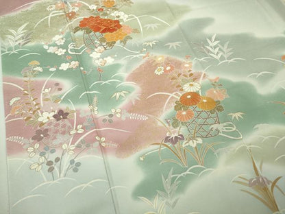 平和屋本店●極上　創業460年・千總　訪問着　駒刺繍　花篭　藍白色地　暈し染め　金彩　三越扱い　逸品　DZAB9257kh6