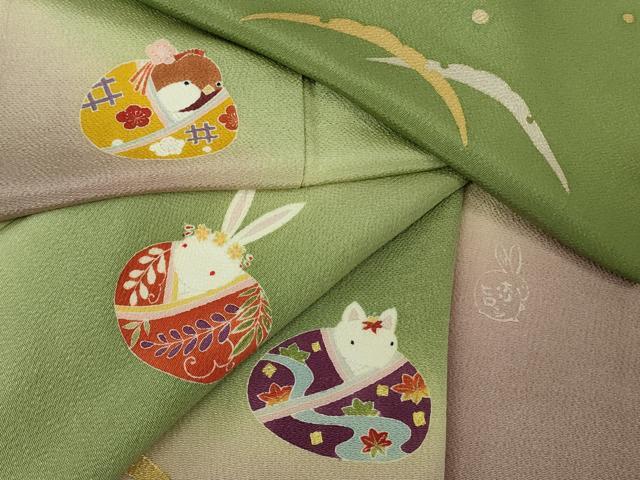 平和屋着物●極上　人形作家・ホリヒロシ 訪問着　兎　雀　馬　雪芝　草色地　鬼しぼ縮緬　暈し染め　反端付き　逸品　未使用　DZAB9259kh6