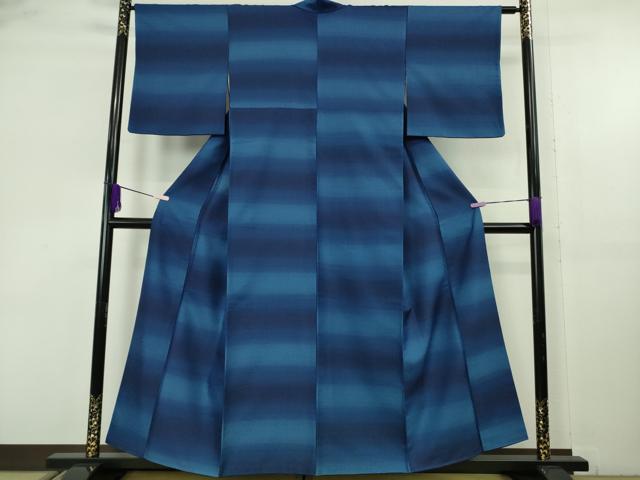 平和屋本店●極上　ロートン織　道屯織　本藍　紬　横段文　逸品　DZAB9265kh6