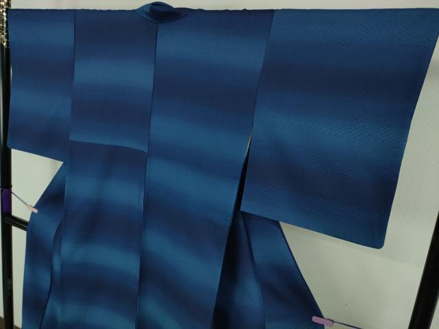 平和屋本店●極上　ロートン織　道屯織　本藍　紬　横段文　逸品　DZAB9265kh6