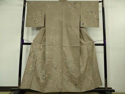 平和屋着物▽極上　本場結城紬　重要無形文化財　単衣　草花文　生壁色地　証紙付き　逸品　DZAB9272kh6