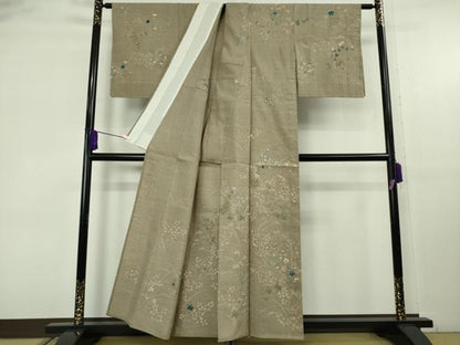 平和屋着物▽極上　本場結城紬　重要無形文化財　単衣　草花文　生壁色地　証紙付き　逸品　DZAB9272kh6
