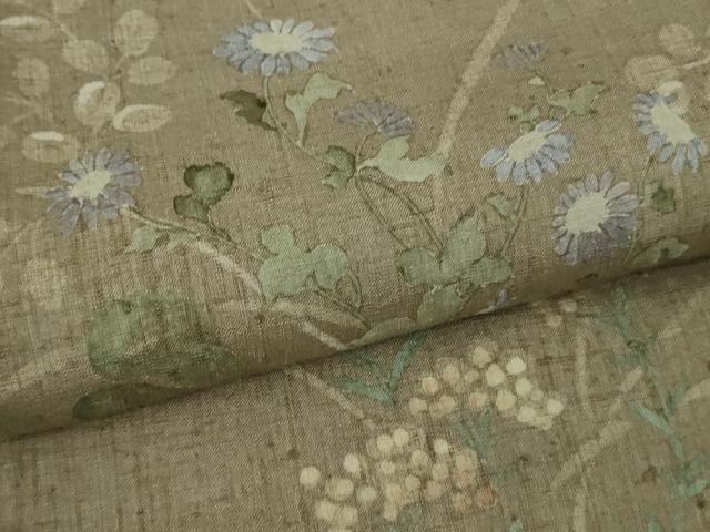 平和屋着物▽極上　本場結城紬　重要無形文化財　単衣　草花文　生壁色地　証紙付き　逸品　DZAB9272kh6