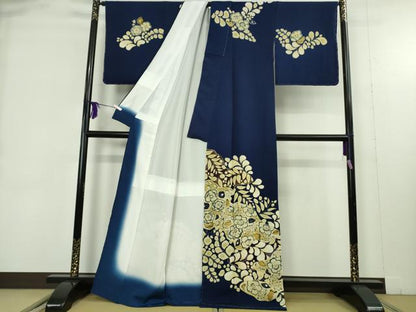 平和屋本店●極上　浦野理一　訪問着　辻が花　濃藍色地　鬼しぼ縮緬　逸品　未使用　DZAB9279kh6
