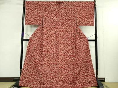 平和屋本店●極上　浦野理一　型染　小紋　舞蝶文　栗梅色地　鬼しぼ縮緬　落款有り　ロング丈　反端付き　逸品　未使用　DZAB9297kh6