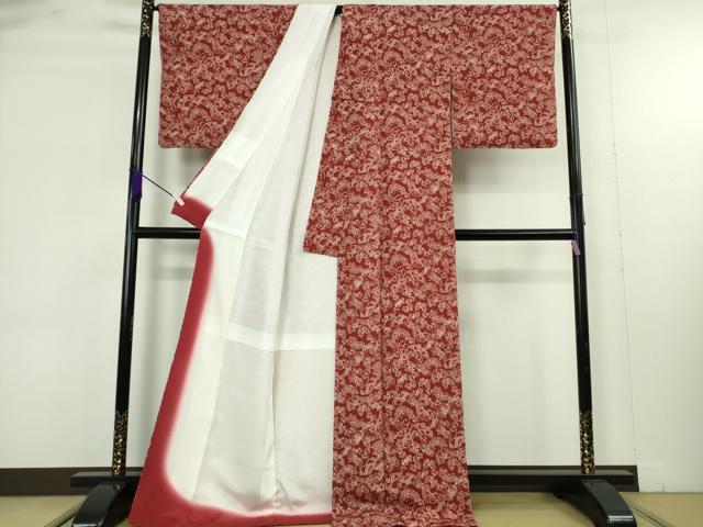 平和屋本店●極上　浦野理一　型染　小紋　舞蝶文　栗梅色地　鬼しぼ縮緬　落款有り　ロング丈　反端付き　逸品　未使用　DZAB9297kh6