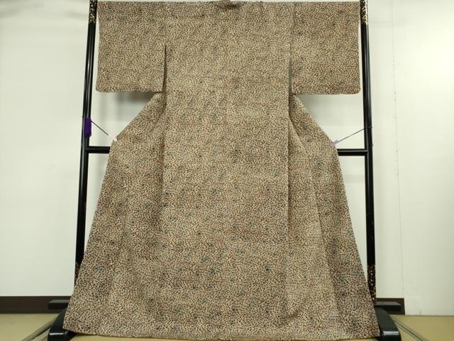 平和屋本店●極上　浦野理一　型染　小紋　花尽くし　鬼しぼ縮緬　落款有り　ロング丈　反端付き　逸品　未使用　DZAB9298kh6