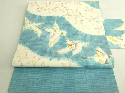 平和屋本店●極上　型絵染染色家　鈴木紀絵　九寸名古屋帯　紬地　絞染め　飛鳥花文　逸品　DZAB9314kh6
