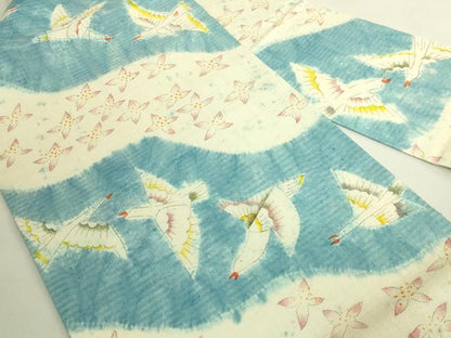 平和屋本店●極上　型絵染染色家　鈴木紀絵　九寸名古屋帯　紬地　絞染め　飛鳥花文　逸品　DZAB9314kh6