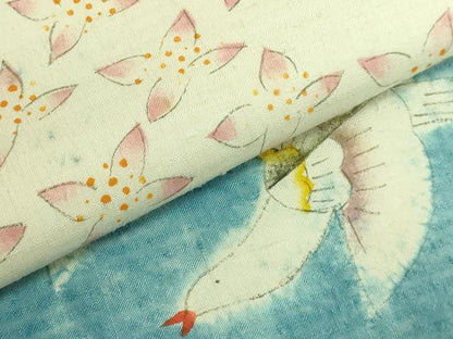 平和屋本店●極上　型絵染染色家　鈴木紀絵　九寸名古屋帯　紬地　絞染め　飛鳥花文　逸品　DZAB9314kh6
