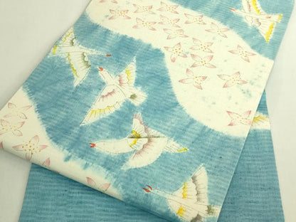 平和屋本店●極上　型絵染染色家　鈴木紀絵　九寸名古屋帯　紬地　絞染め　飛鳥花文　逸品　DZAB9314kh6